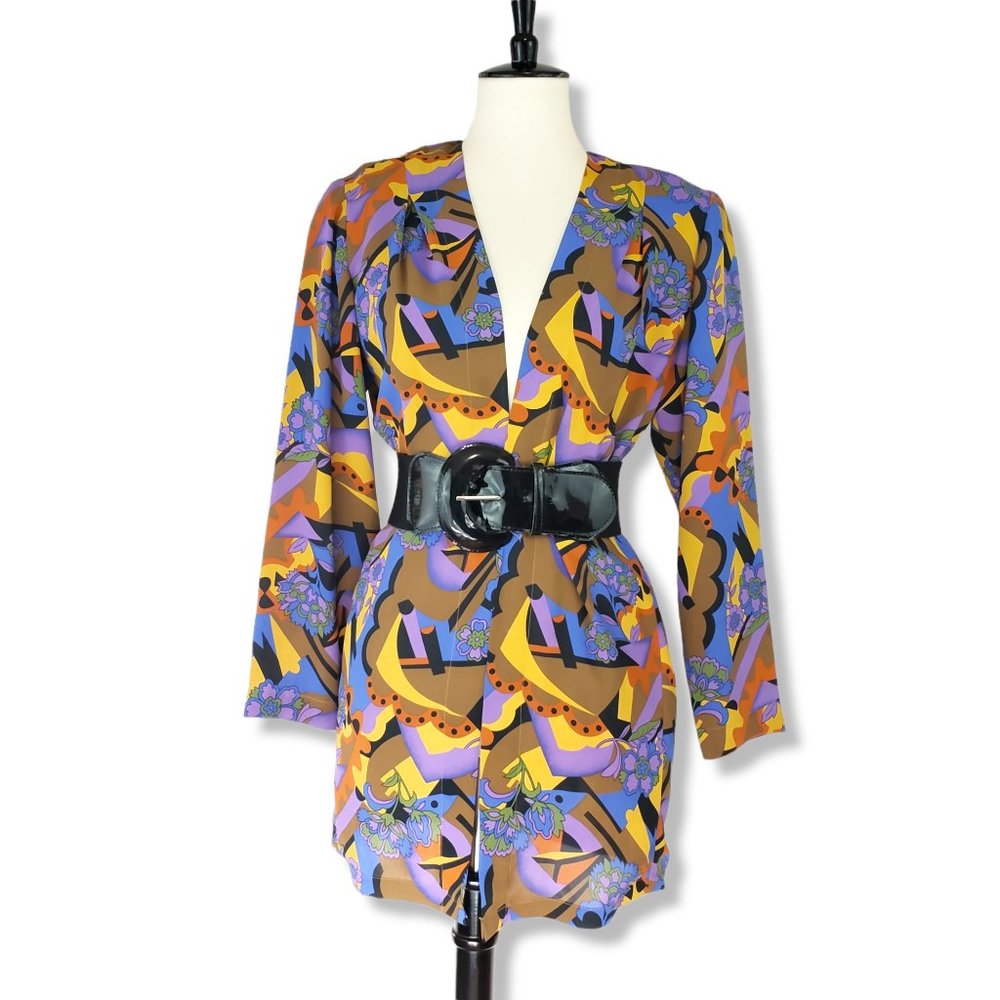 Vintage Retro Abstract Multicolored Light-weight Open Cardigan Size Small